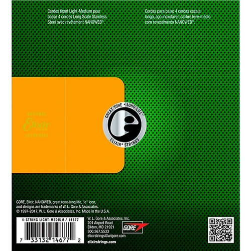 Elixer Nanoweb Stainless Steel Electric Bass Guitar Strings - Light Medium, Long Scale - .045-.105