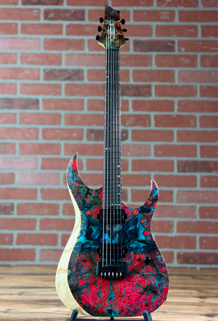 Schecter USA Custom Shop Sunset Extreme-6 Electric Guitar - Natural Satin with Red & Teal Stabilized Burl Top