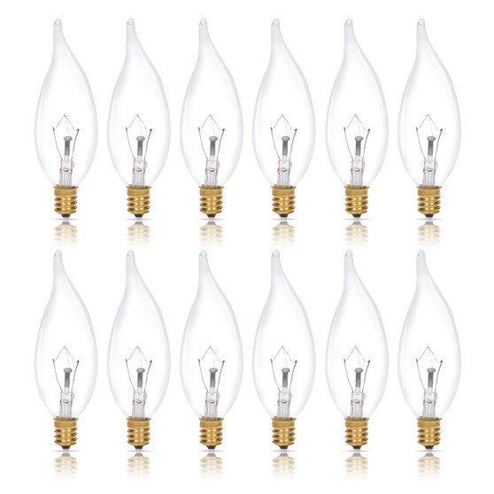 Simba Lighting® Candelabra Flame Tip Clear CA10 40W E12 Base Light Bulbs 120V Warm White 2700K, 12 Pack