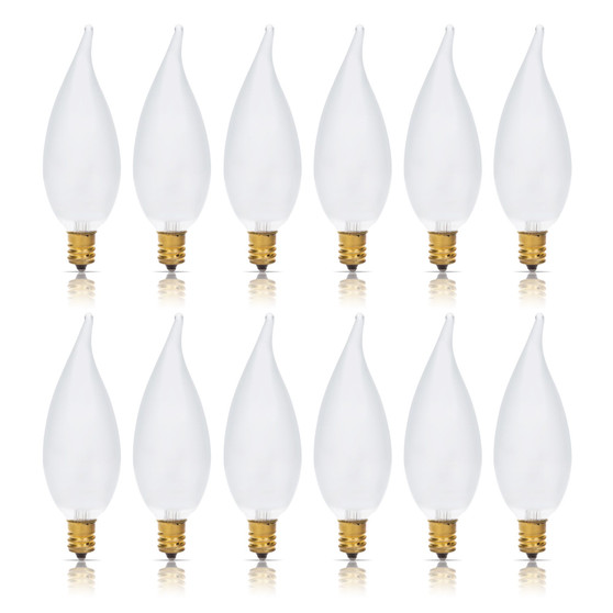 Simba Lighting® Candelabra Flame Tip Frosted CA10 40W E12 Base Light Bulbs 120V Warm White 2700K, 12 Pack
