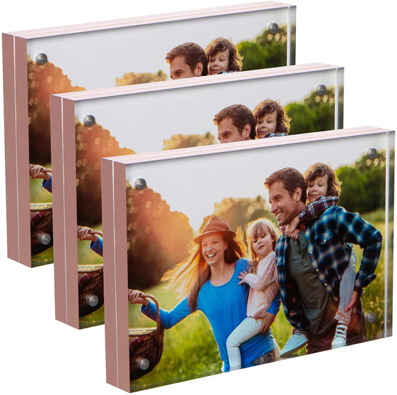 SimbaLux® Magnetic Acrylic Photo Frame 4” x 6” Free-Standing Clear with Rose Gold Edge, Pack of 3
