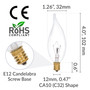 Simba Lighting® Candelabra Flame Tip Clear CA10 25W E12 Base Light Bulbs 120V Warm White 2700K, 12 Pack