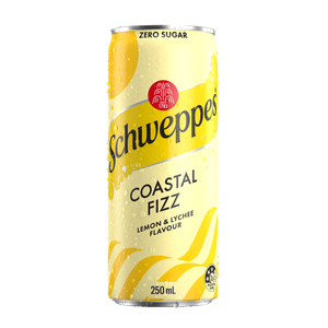 Schweppes Coastal Fizz Lemon & Lychee Zero Sugar 250mL Cans 24 Pack