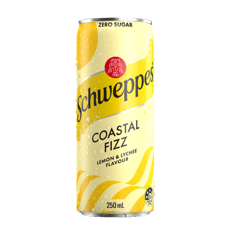 Schweppes Coastal Fizz Lemon & Lychee Zero Sugar 250mL Cans 24 Pack