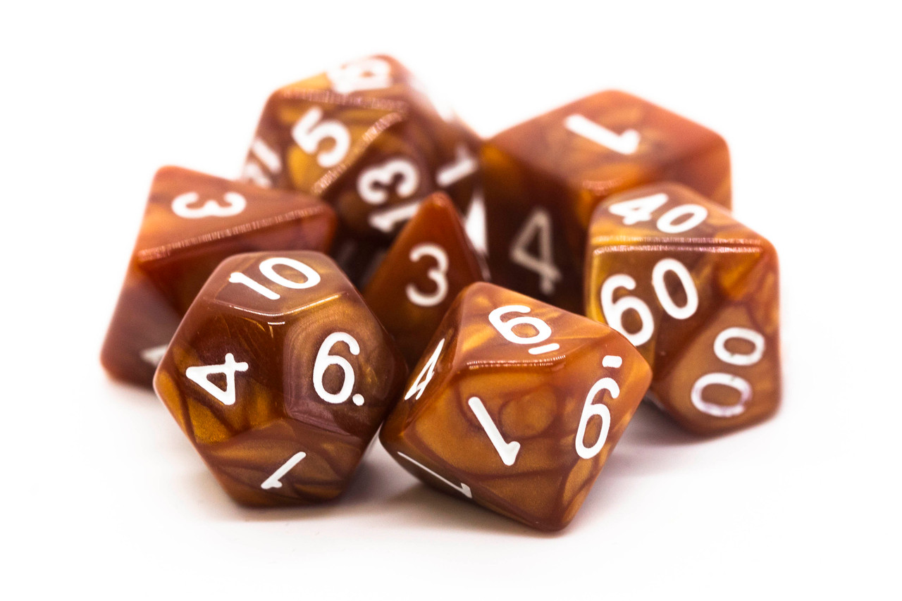 Old School 7 Piece DnD RPG Dice Set: Pearl Drop - Brown - Old