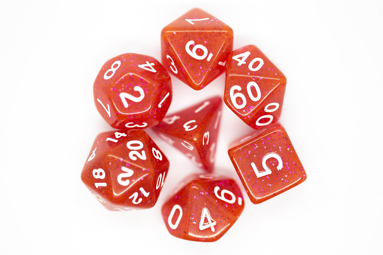 Wiz Dice 7-teiliges Würfelset – Dwarven Brandy (orange Glitter) Mit Samtbeutel, Für D&D & RPGs