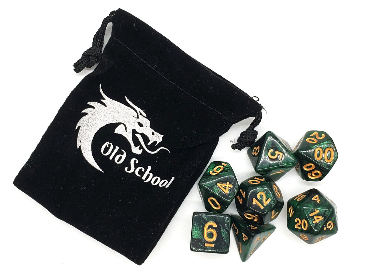 Old School 7 Piece DnD RPG Dice Set: Galaxy - Green & Black - Old