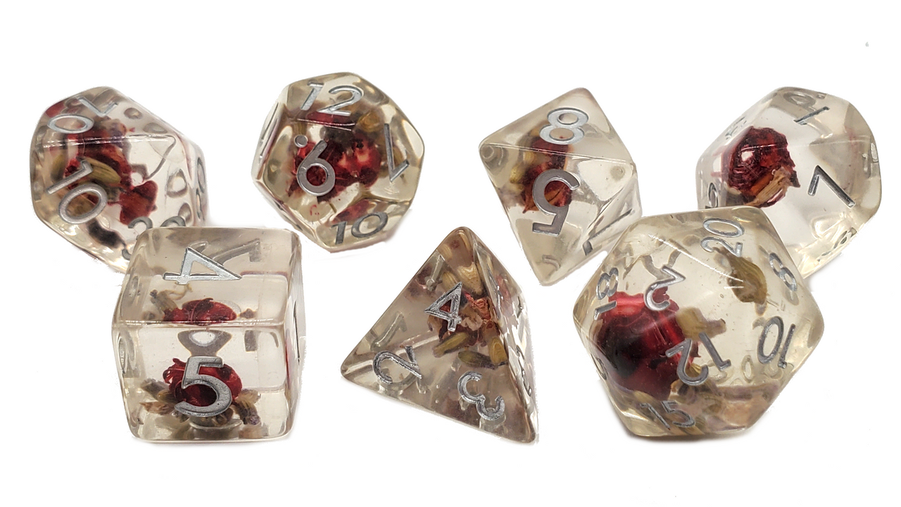 Old School 7 Piece DND RPG Dice Set: Infused - Red Flower