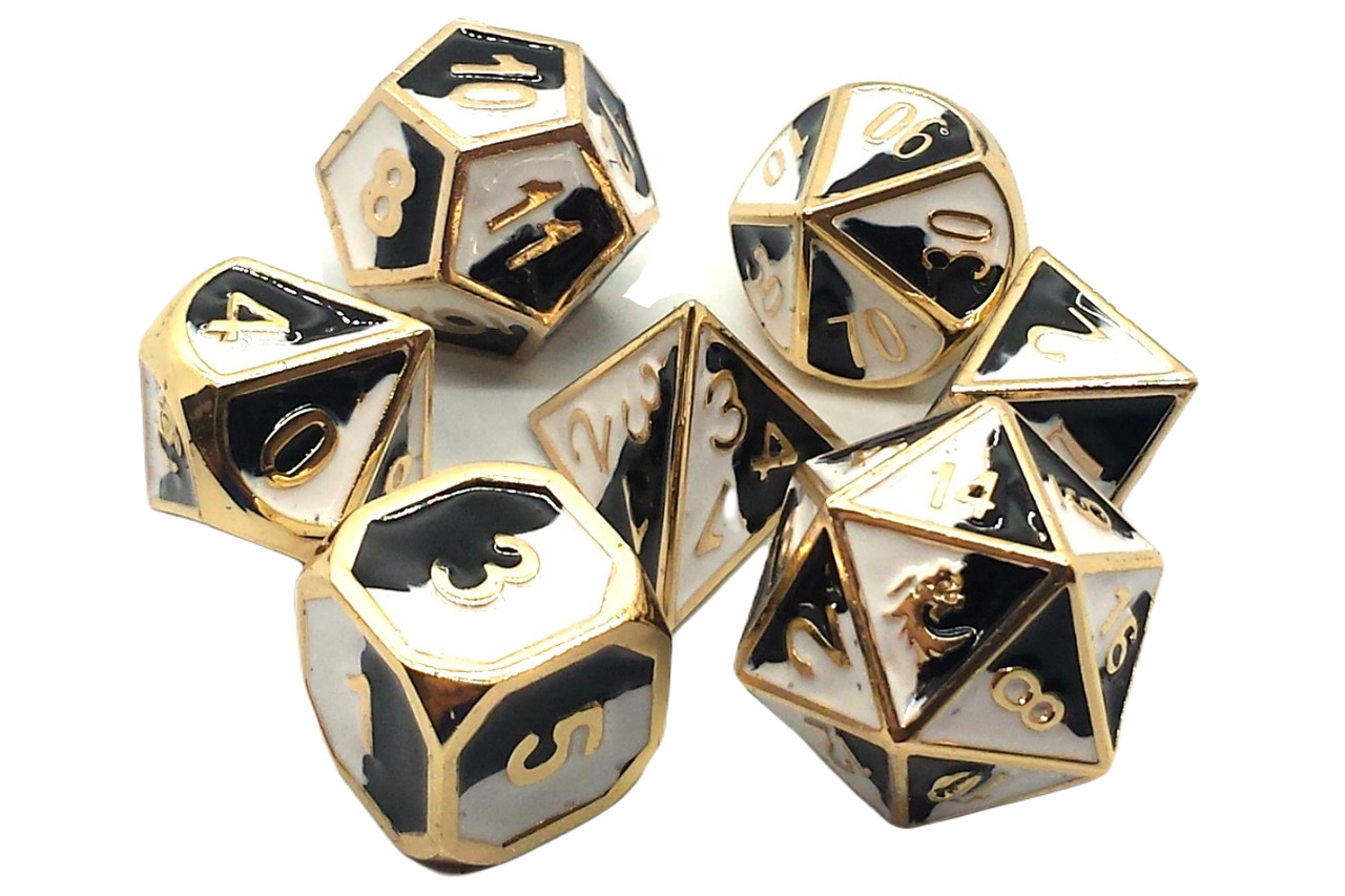 cocinero Mujer ilegal Old School 7 Piece DnD RPG Metal Dice Set: Dragon Forged - Black & White w/  Gold - Old School Dice & Accessories