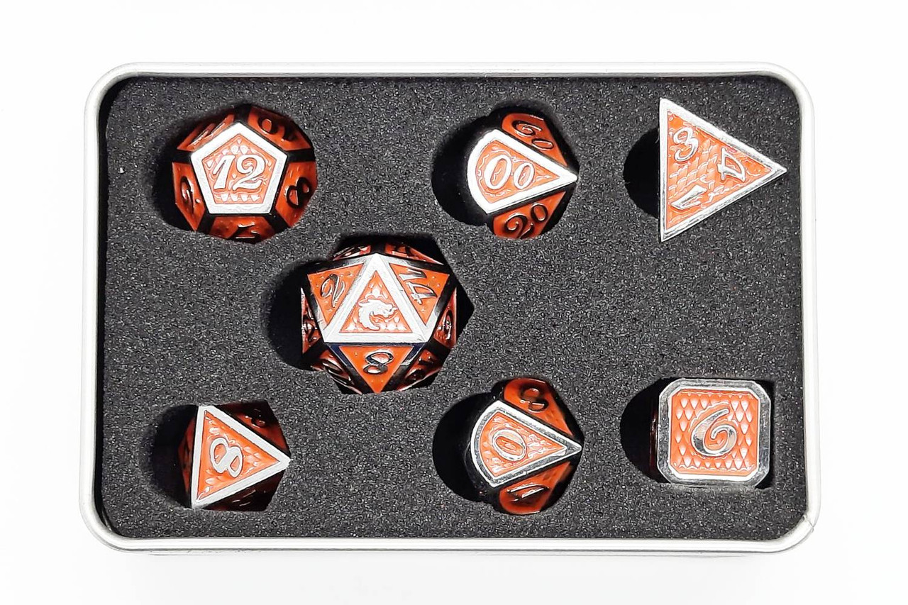 Old School 7 Piece DnD RPG Metal Dice Set: Dragon Scale - Orange