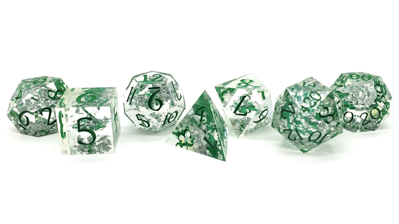 Grüne Harz-Würfel Mit Weißen Zahlen – 7-teiliges Set, 10 Mm, Für Pen & Paper Spiele