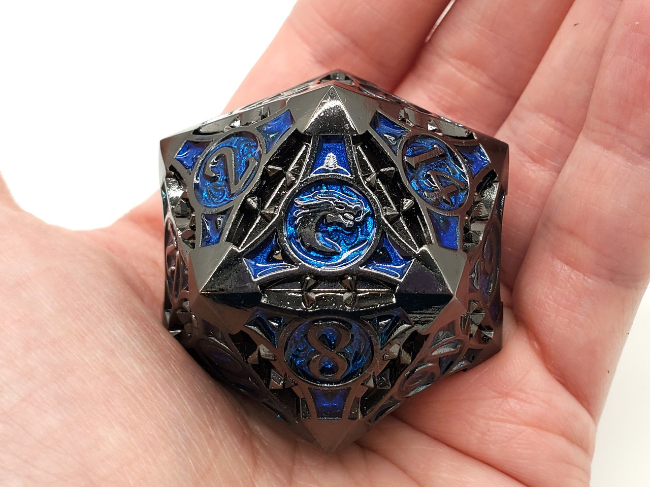 Gnome Forged Black Nickel with Blue 40 mm Metal d20 | Old School Dice