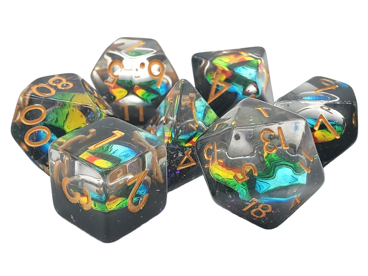 Old School 7 Piece DnD RPG Dice Set Infused Dragon Eye Temporal