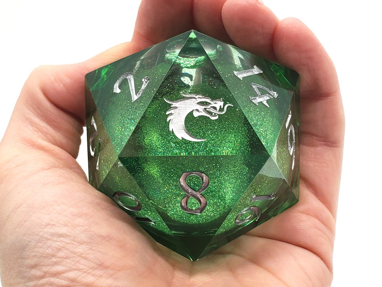 Old School Dice: Sharp Edged 55mm D20 - Liquid Infused - Emerald