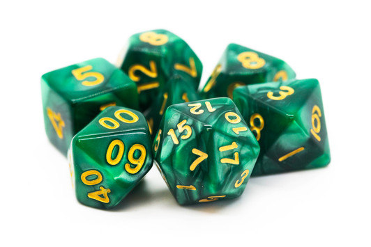 Old School 7 Piece DnD RPG Dice Set: Pearl Drop - Green w/ Gold