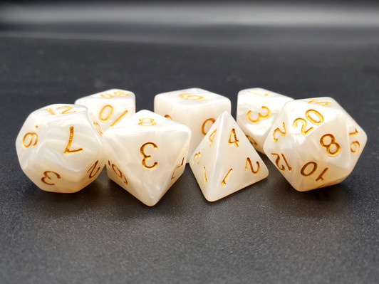 Old School 7 Piece DnD RPG Dice Set: Pearl Drop - White w/ Gold