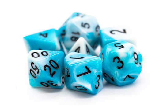 Old School 7 Piece DnD RPG Dice Set: Vorpal - Baby Blue & White w/ Black