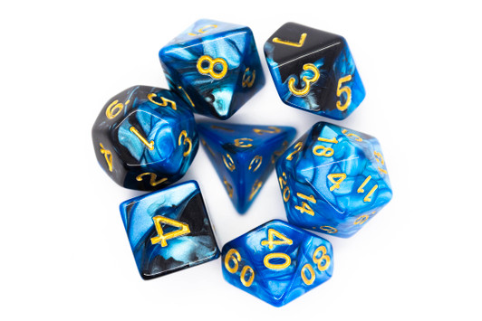 Old School 7 Piece DnD RPG Dice Set: Vorpal - Black & Blue w/ Gold