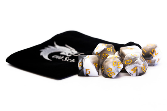 Old School 7 Piece DnD RPG Dice Set: Vorpal - Black & White w/ Gold