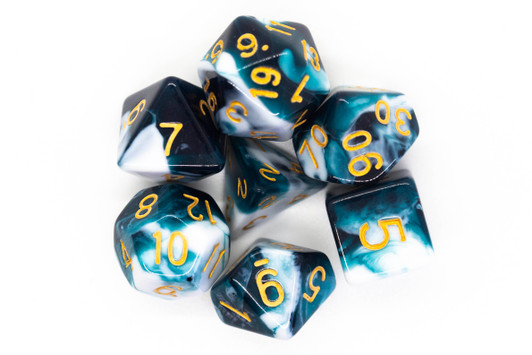 Old School 7 Piece DnD RPG Dice Set: Vorpal - Dark Blue & White w/ Gold
