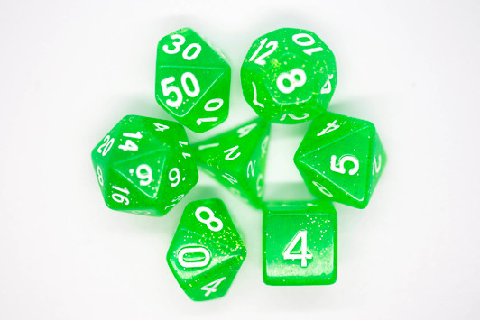 Old School 7 Piece DnD RPG Dice Set: Sparkle - Translucent Light Green