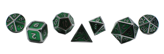 Old School 7 Piece DnD RPG Metal Dice Set: Elven Forged - Green w/ Silver