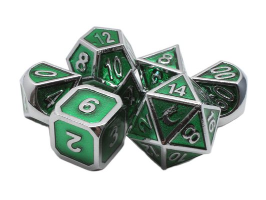 Old School 7 Piece DnD RPG Metal Dice Set: Elven Forged - Green w/ Silver