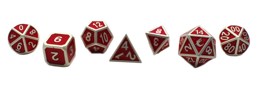 Old School 7 Piece DnD RPG Metal Dice Set: Elven Forged - Red w/ Silver