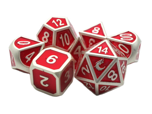 Old School 7 Piece DnD RPG Metal Dice Set: Elven Forged - Red w/ Silver