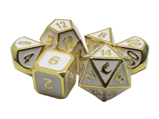 Old School 7 Piece DnD RPG Metal Dice Set: Elven Forged - White w/ Gold