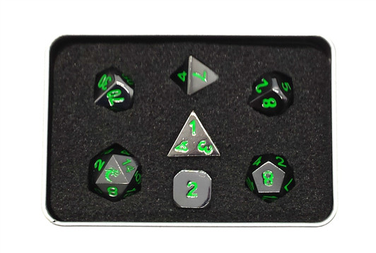 Old School 7 Piece DnD RPG Metal Dice Set: Halfling Forged - Black Nickel w/ Green