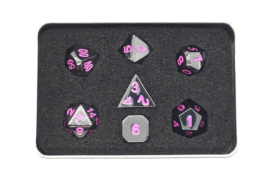 Old School 7 Piece DnD RPG Metal Dice Set: Halfling Forged - Black Nickel w/ Pink