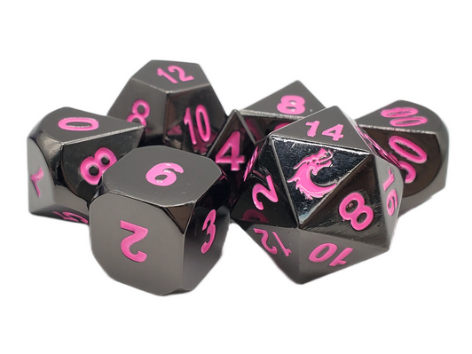 Old School 7 Piece DnD RPG Metal Dice Set: Halfling Forged - Black Nickel w/ Pink - New