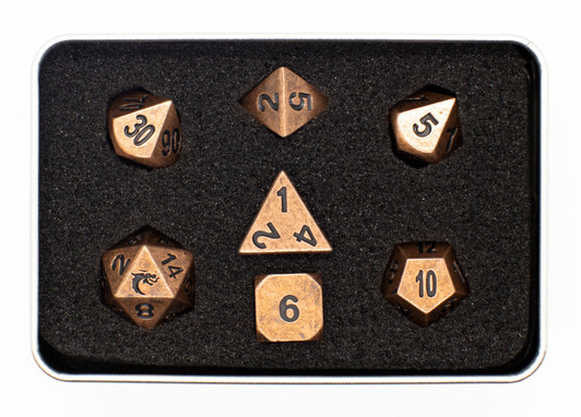 Old School 7 Piece DnD RPG Metal Dice Set: Dwarven Forged - Archaic Bronze