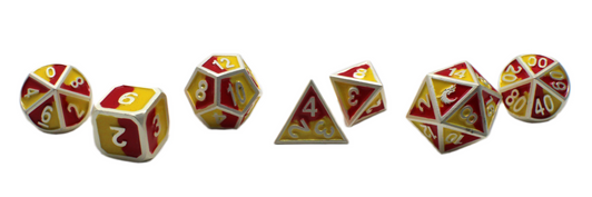 Old School 7 Piece DnD RPG Metal Dice Set: Dragon Forged - Platinum Red & Yellow