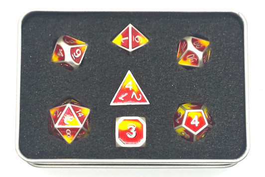 Old School 7 Piece DnD RPG Metal Dice Set: Dragon Forged - Platinum Red & Yellow