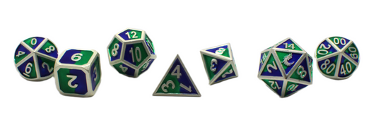 Old School 7 Piece DnD RPG Metal Dice Set: Dragon Forged - Platinum Blue & Green