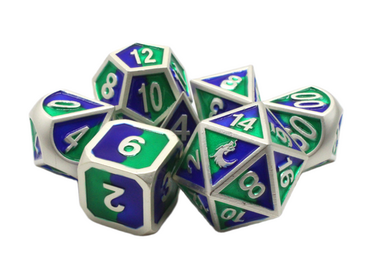 Old School 7 Piece DnD RPG Metal Dice Set: Dragon Forged - Platinum Blue & Green