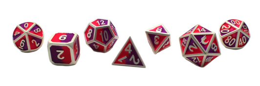Old School 7 Piece DnD RPG Metal Dice Set: Dragon Forged - Platinum Purple & Pink