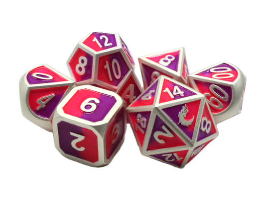 Old School 7 Piece DnD RPG Metal Dice Set: Dragon Forged - Platinum Purple & Pink