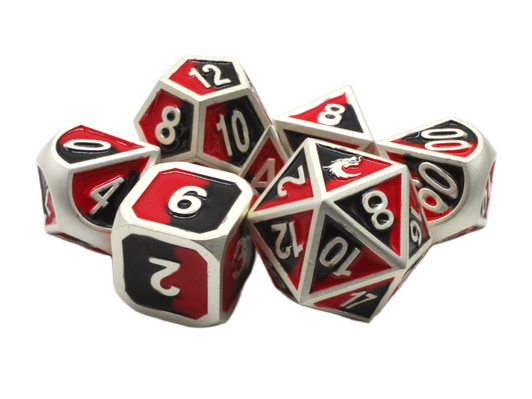 Old School 7 Piece DnD RPG Metal Dice Set: Dragon Forged - Platinum Black & Red
