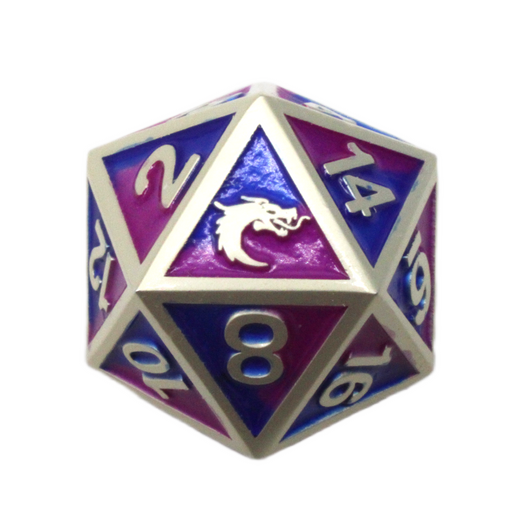 Old School DnD RPG D20 Metal Dice: Dragon Forged - Platinum Purple & Blue