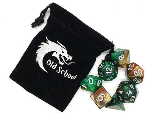 Old School 7 Piece DnD RPG Dice Set: Galaxy - Emerald & Orange