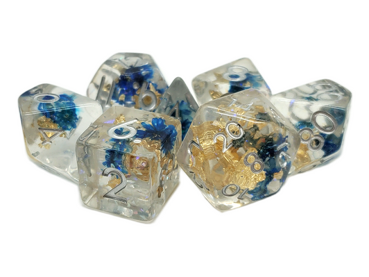 Old School 7 Piece DnD RPG Dice Set: Infused - Flower - Blue - New