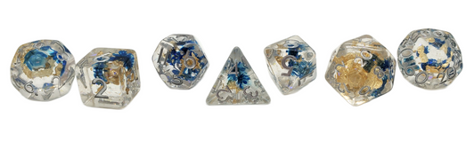 Old School 7 Piece DnD RPG Dice Set: Infused - Flower - Blue - New