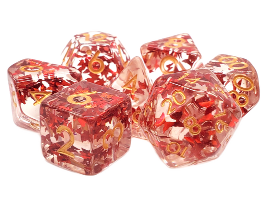 Old School 7 Piece DnD RPG Dice Set: Infused - Red Butterfly w/ Gold