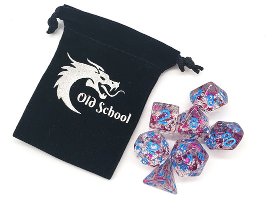 Old School 7 Piece DnD RPG Dice Set: Infused - Red Stars w/ Blue