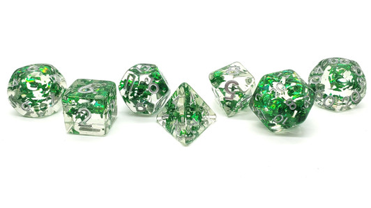 Old School 7 Piece DnD RPG Dice Set: Infused - Green Butterfly w/ Silver