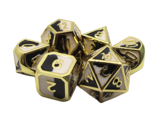 Old School 7 Piece DnD RPG Metal Dice Set: Dragon Forged - Black & White w/ Gold