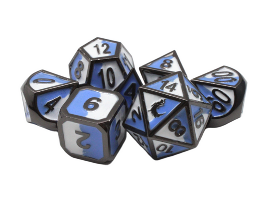 Old School 7 Piece DnD RPG Metal Dice Set: Dragon Forged - Blue & White w/ Black Nickel